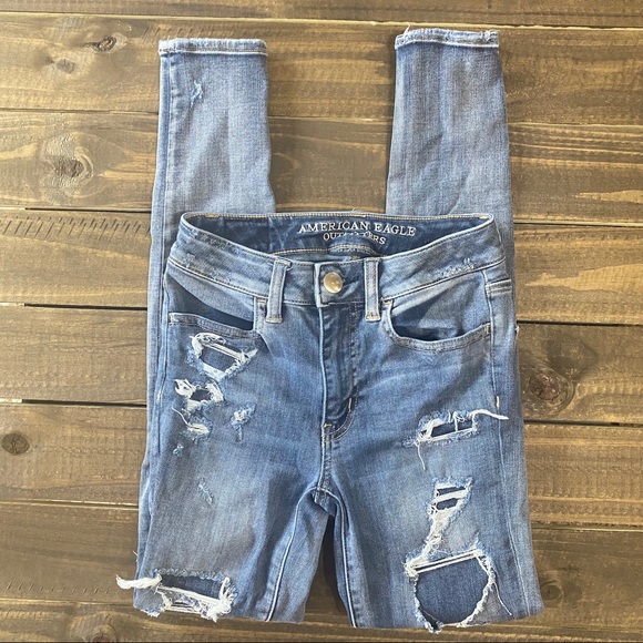 American Eagle Distressed Hi Rise Jeggings Sz 0 - Picture 6 of 10